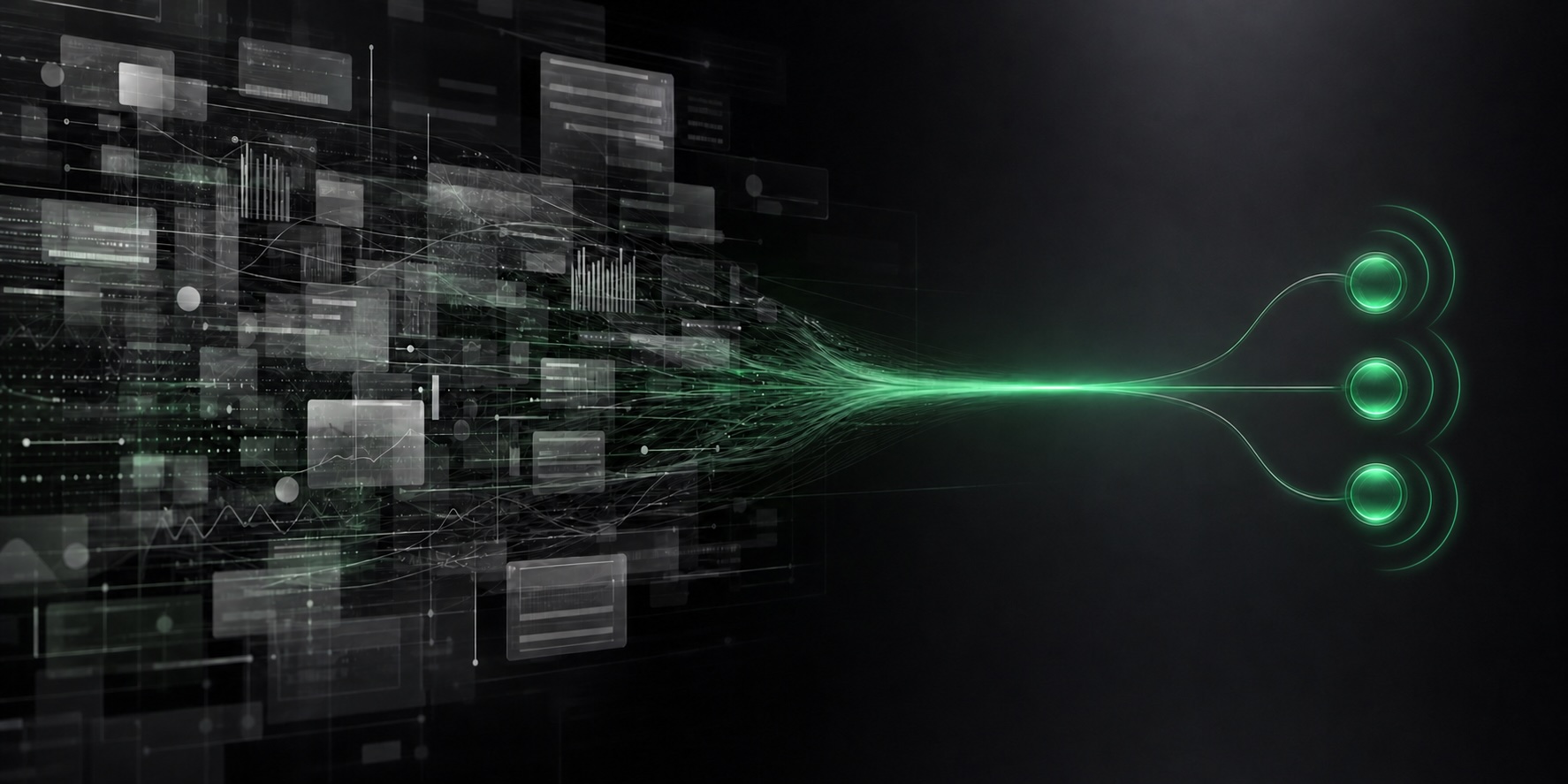 Abstract visualization of data streams converging into actionable signal
